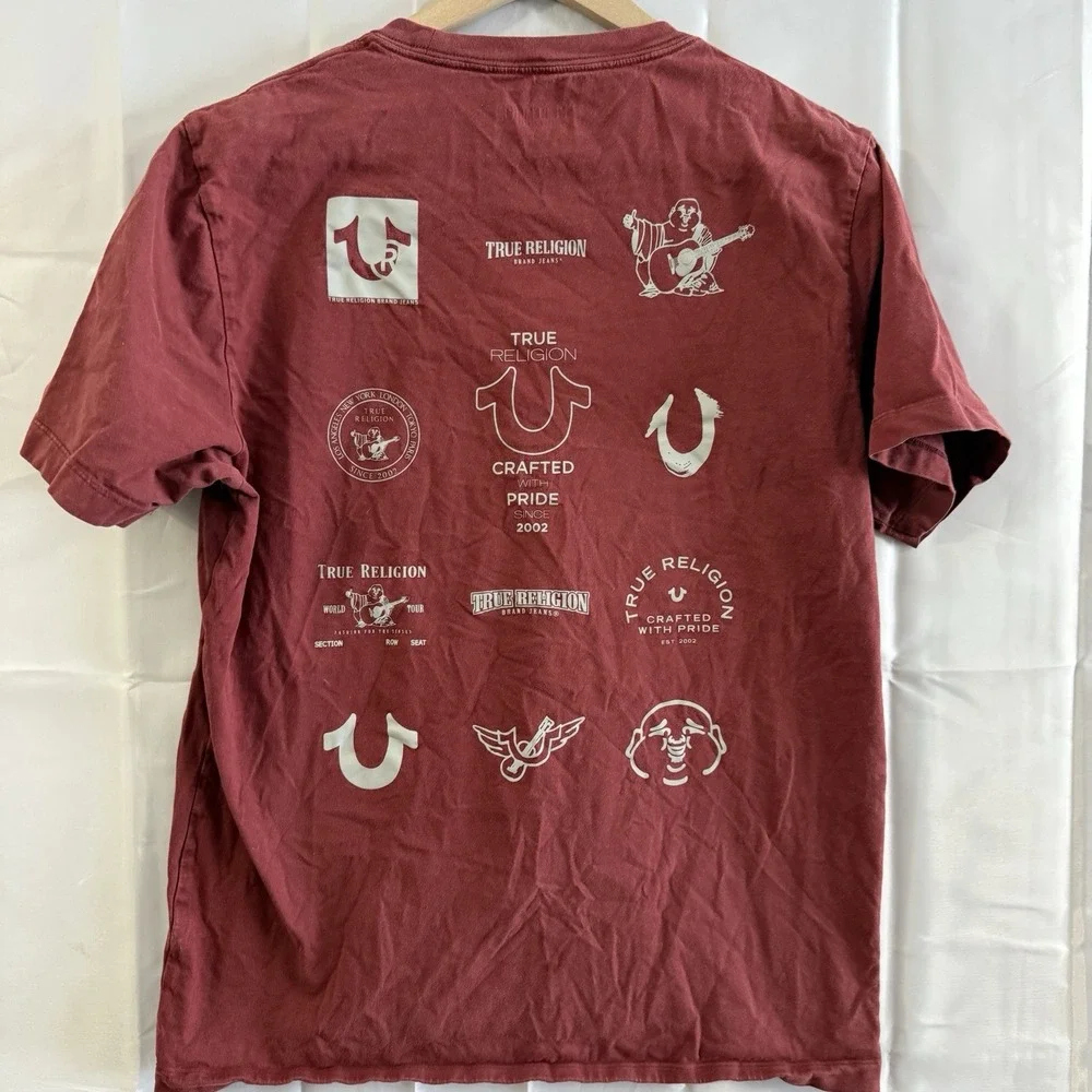 True Religion Men's T-Shirt Size Large Color White Burgundy Red‎ Icon Logos